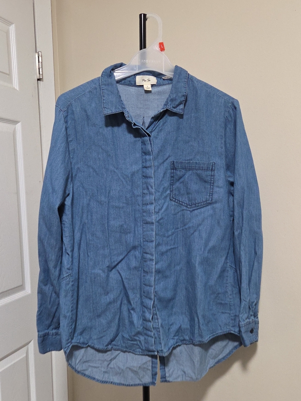 Per Se 100% Cotton Denim-Style Light Blue Casual Button-Down Shirt